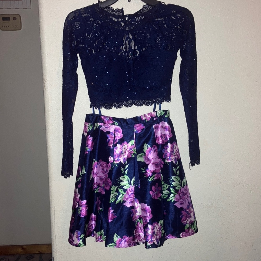Sequin Hearts Navy sparkle top with Satin Floral Mini Skirt